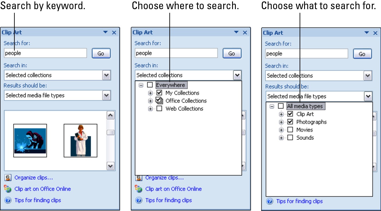 Figure 4-2: Inserting a clip-art image by way of the Clip Art task pane.